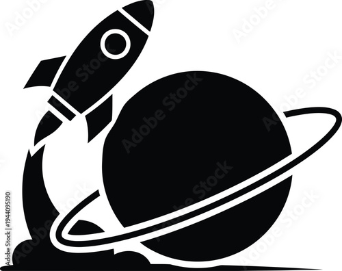 Black and white illustration of a rocket launching near a ringed planet in space
