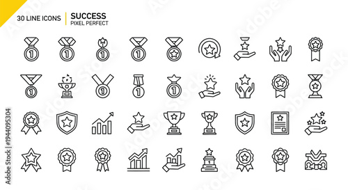 Collection of thirty pixel perfect line icons illustrating various concepts related to achievement awards trophies medals ribbons and professional success recognition graphics