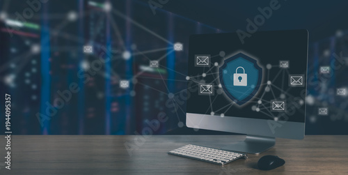 Mail server security and encrypted email network concept desktop monitor with shield lock of data center servers, email cybersecurity protection.
