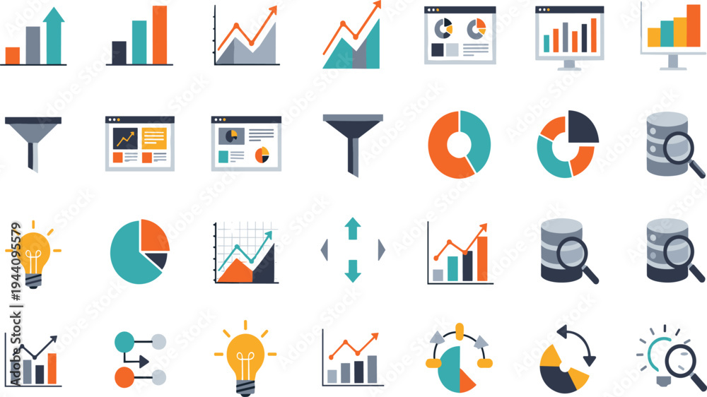 Fototapeta premium Data Analytics and Business Intelligence Icons Vector Set Featuring Charts, Graphs, Funnel Analysis, Database Search and Market Growth Symbols.