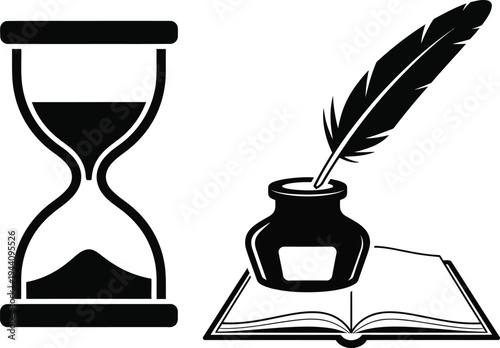 Vintage writing tools and time concepts with an hourglass, inkwell, feather and book