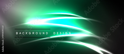 Abstract green background features flowing light streaks. Modern design with dark edges, text reads background design. Simple, vibrant, dynamic composition.
