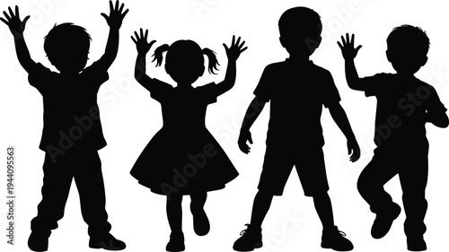 Silhouette set of happy children jumping with raised hands, playful kids activity and joyful childhood concept isolated vector illustration
