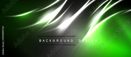 Abstract green design features flowing lines, bright highlights. Dark background creates dramatic visual effect. Text reads background design.