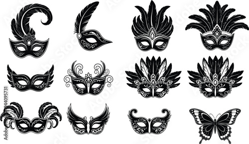 Elegant masquerade mask collection featuring black and white vector illustrations of carnival masks with feathers and butterfly details for festive party and event decoration