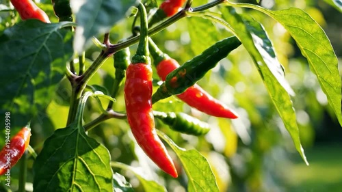 Ripe red and green peppers growing on a plant in the sun