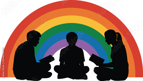 Silhouette of family reading books together under colorful rainbow, childhood education and learning concept, parent teaching child isolated vector illustration