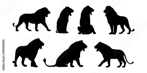 Lion silhouette set. Lion silhouette vector illustration. Black lion silhouette isolated on white background. Wild animal lion silhouette clipart bundle. Vector illustration.