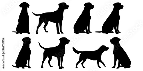 Labrador Retriever silhouette set. Black Labrador dog silhouette vector illustration. Labrador Retriever isolated on white background. Dog silhouette vector art. Clipart set.