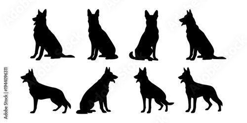 German shepherd silhouette set. German shepherd dog vector illustration. Black German shepherd silhouettes isolated on white background. Alsatian dog clipart bundle. Vector.