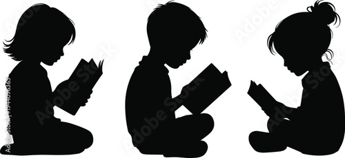 Silhouette set of children sitting and reading books, childhood education and learning concept, kids studying together isolated vector illustration