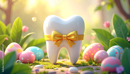 A single white tooth with a golden ribbon bow is nestled among decorative Easter eggs in a