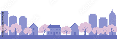 City skyline with buildings and trees on a white background