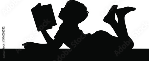 Silhouette of little boy lying on floor reading book, childhood learning and education concept, kid enjoying reading time isolated vector illustration