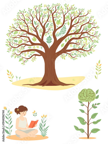 Mental Health Care Illustration Set with Mindfulness Meditation Under Tree, Therapy Session, Self-Care Bathing and Reading, and Personal Growth Brain Plant Concept for Wellness and Balance.