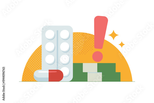 Medical pills and blister pack with exclamation mark  health alert concept