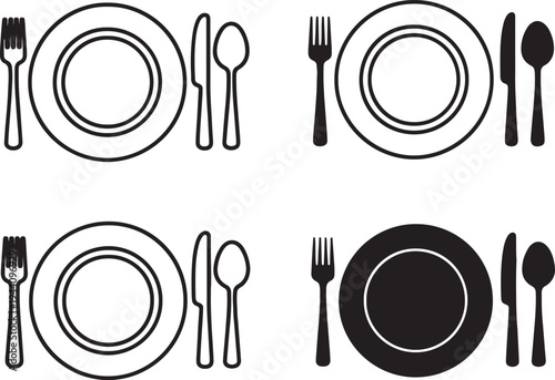 Four place settings with plates and utensils in black on white background also transparent background