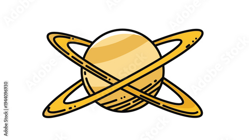 Creative cartoon illustration of a yellow planet similar to Saturn with two sets of rings crossing each other in space.