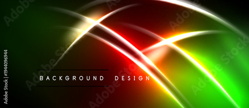 Abstract vibrant lines create dynamic energy. Green, red, yellow hues blend against black backdrop. Modern design element.