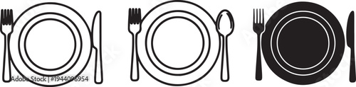 Three place settings with plates utensils and cutlery in black and white also transparent background