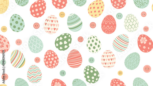 Colorful and whimsical seamless pattern featuring decorated Easter eggs and small round buttons on a white background.