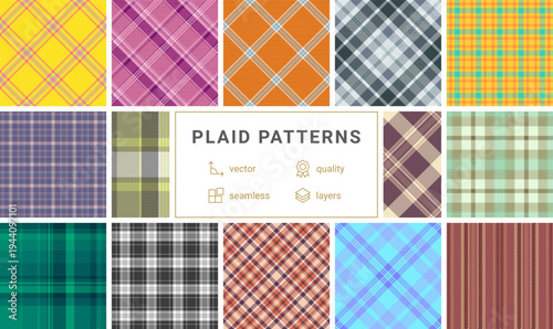 Playful plaid collection for youth oriented branding. The pack supports apparel, prints, and accessories. Vector clarity enhances durability.