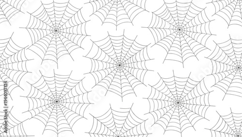 Repeating seamless pattern of delicate black and white spider webs creating a spooky or gothic theme on a white background.