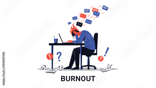 Conceptual illustration of a person experiencing burnout while working at a laptop surrounded by overwhelming digital tasks.