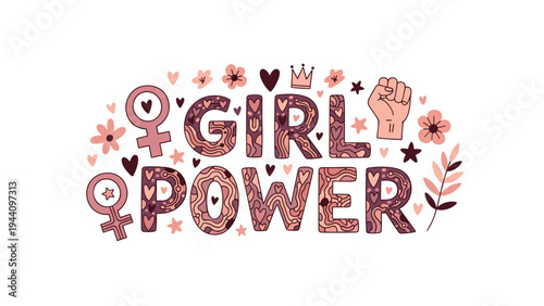 Empowerment themed graphic featuring the phrase girl power in decorative lettering surrounded by feminine symbols and hearts.