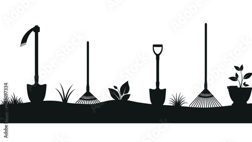 Black silhouette of various essential garden tools and growing plants arranged along a horizontal ground line for design.