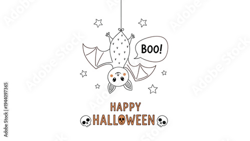 Adorable cartoon bat hanging upside down saying boo surrounded by stars and skulls for a fun halloween greeting.