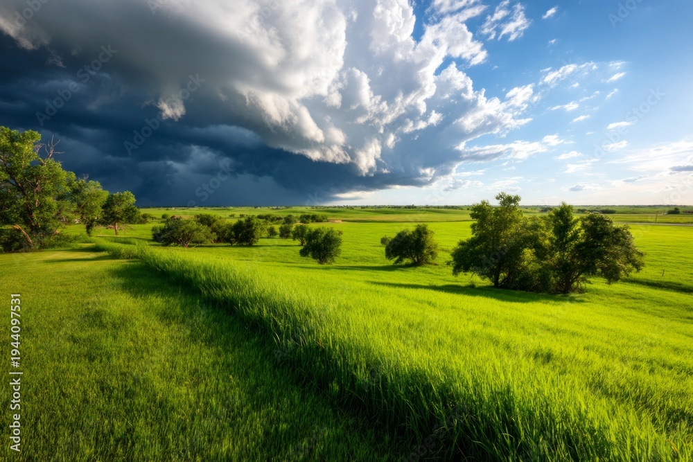 Fototapeta premium Expansive Prairie Landscape Under Darkening Sky with Advancing Supercell Storm Clouds