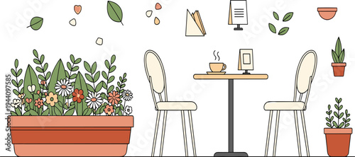 Cozy Cafe Outdoor Seating Vector Illustration Featuring Table, Chairs, Coffee Cup, Flower Planter, Indoor Plants and Relaxing Cafe Atmosphere.