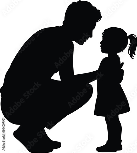 Silhouette of father kneeling and comforting daughter, caring parenting moment and family love concept, parent child emotional support isolated vector illustration