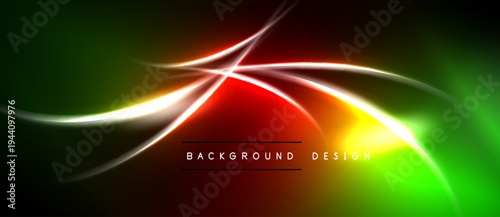 Abstract neon lines create vibrant gradient effect. Dark background emphasizes bright colors, dynamic flow. Modern design element.