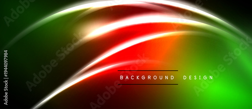 Abstract vibrant waves. Green, red, white colors blend smoothly. Dark background enhances luminosity, creating modern design.