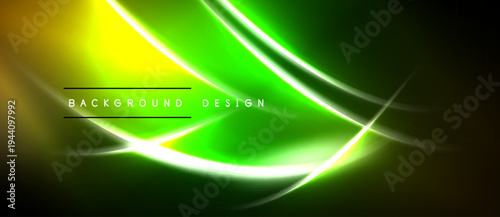 Abstract neon lines create vibrant green, yellow glow. Dark background emphasizes luminous curves, modern design elements.