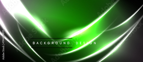 Abstract neon waves, vibrant green hues, dark background. Modern design element, dynamic lighting effects, sleek presentation.