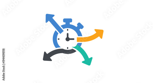 Clock with multicolored arrows turning.