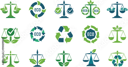 Eco Friendly Certification and Sustainability Logo Vector Set Featuring Recycling Symbols, Green Balance Scales, Environmental Protection and Organic Eco Labels.