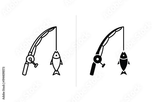 Fishing Rod and Caught Fish Icons for Outdoor Sport Hobby