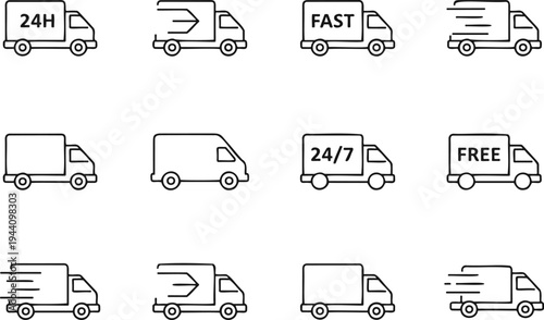 Logistics and fast delivery truck vector collection featuring 24h shipping icons 24/7 service symbols and free delivery freight vehicles for ecommerce.