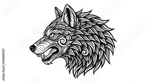 Mysterious black and white illustration of a wolf’s detailed face in profile Vector