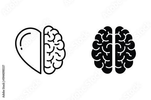 Heart and Brain Icon Set - Emotion vs Logic, Mind and Love Concept Symbol