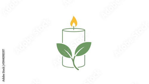 Simple White Candle with Green Leaves.
