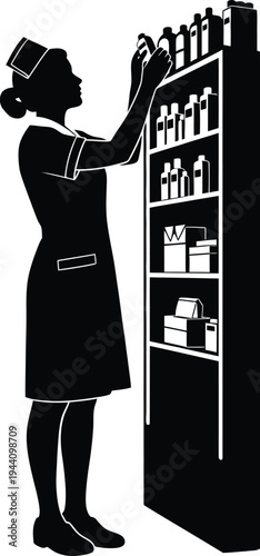 Vector silhouette of woman stocking shelves with products