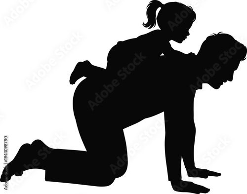 Silhouette of father giving daughter piggyback ride, happy family bonding and playful parenting concept, parent child love isolated vector illustration