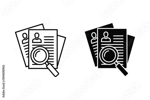 Resume and Job Search Icon - Magnifying Glass Reviewing CV Document Vector