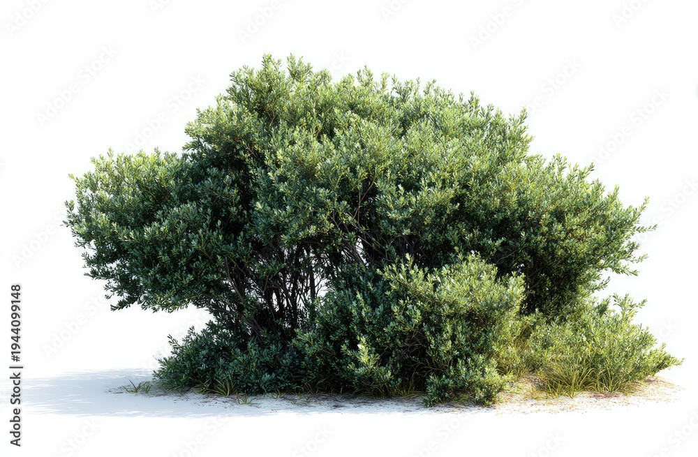 Fototapeta premium A leafy green shrub with dense foliage and a shadow, isolated against a white background