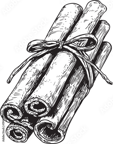 minimalist black and white outline drawing of aromatic cinnamon sticks, perfect for spice and bakery imagery